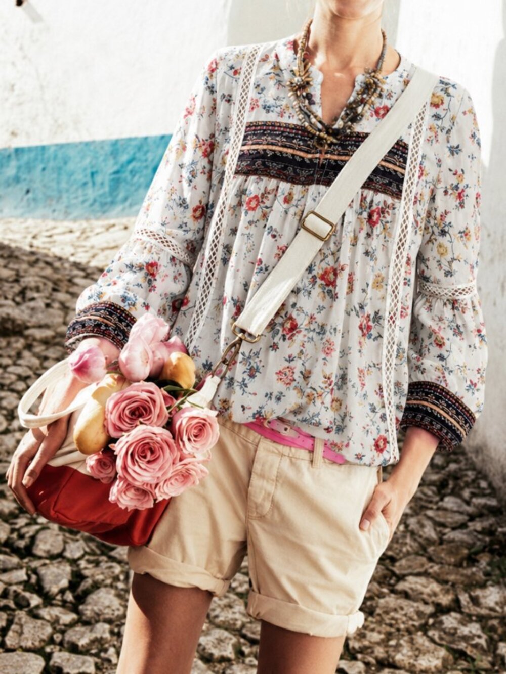 BLUE TASSEL: Printed Peasant Blouse